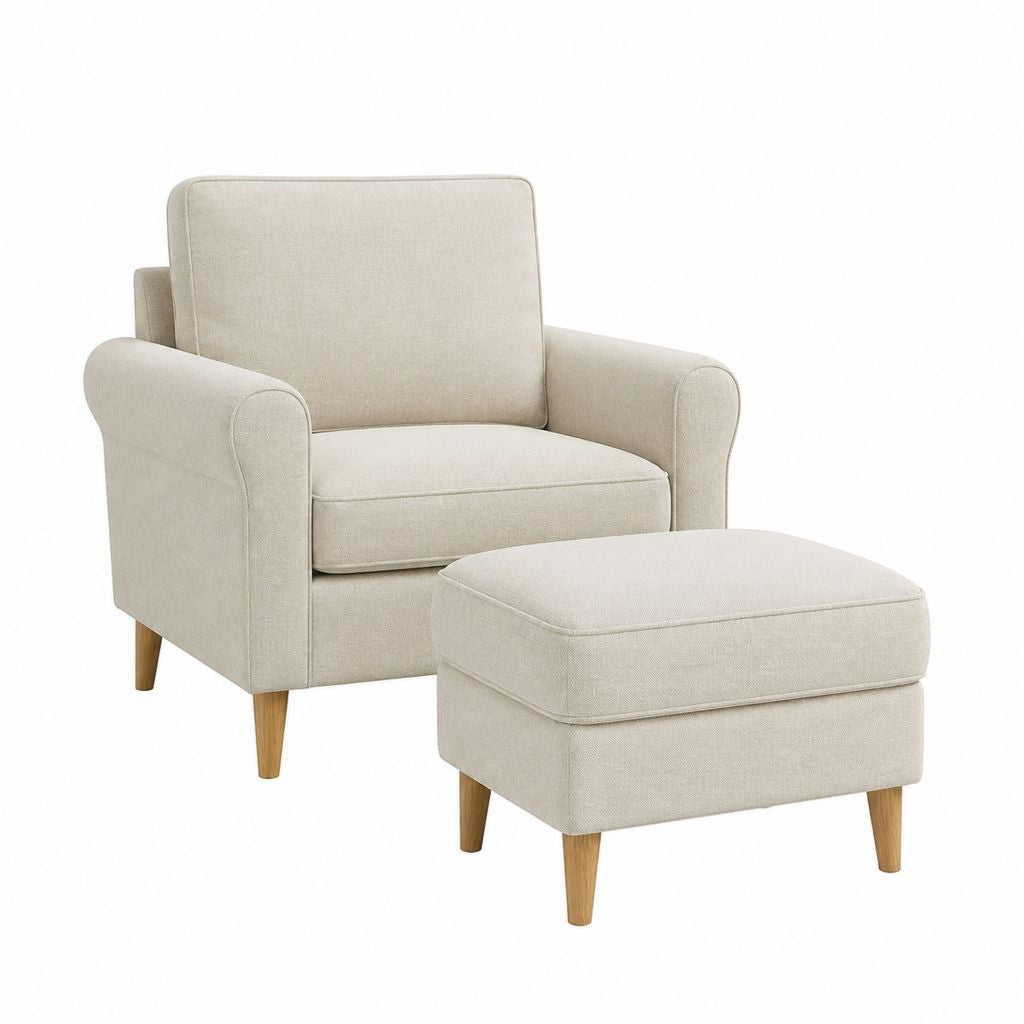 Ohrensessel Set mit Hocker Beige Polyesterbezug Holzfüße 78 x 82 x 89 cm