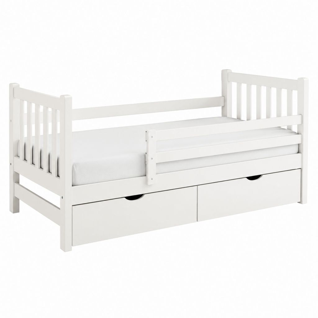Kinderbett Weiß aus Kiefernholz und MDF mit Rausfallschutz Schubladen und Liegefläche 140 x 70 cm