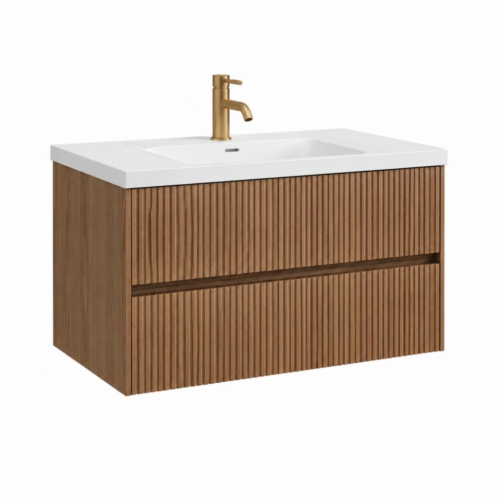 Waschtischunterschrank Set Nussbraun MDF mit Keramikwaschbecken rechteckig 80 x 46 x 55 cm