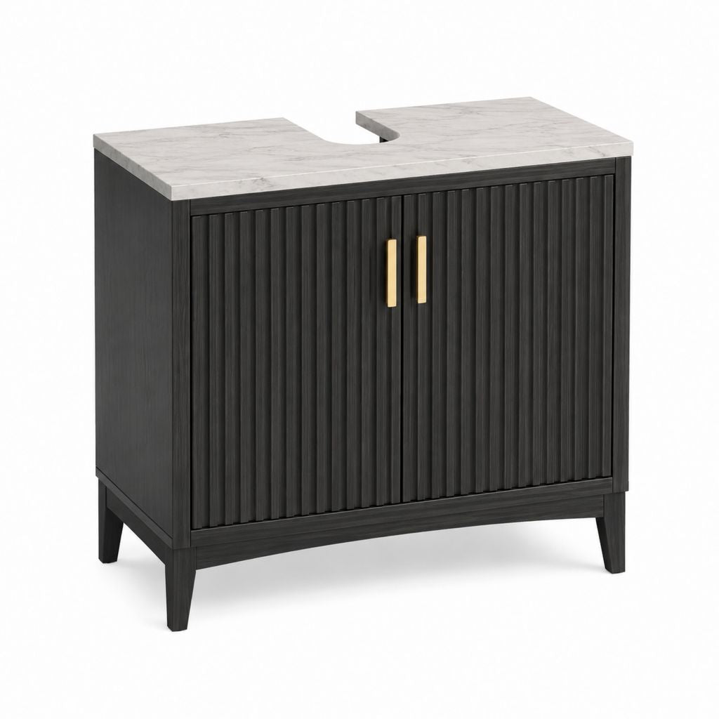 Waschtischunterschrank Schwarz MDF rechteckig mit Marmoroptik Ablage 80 x 45 x 85 cm