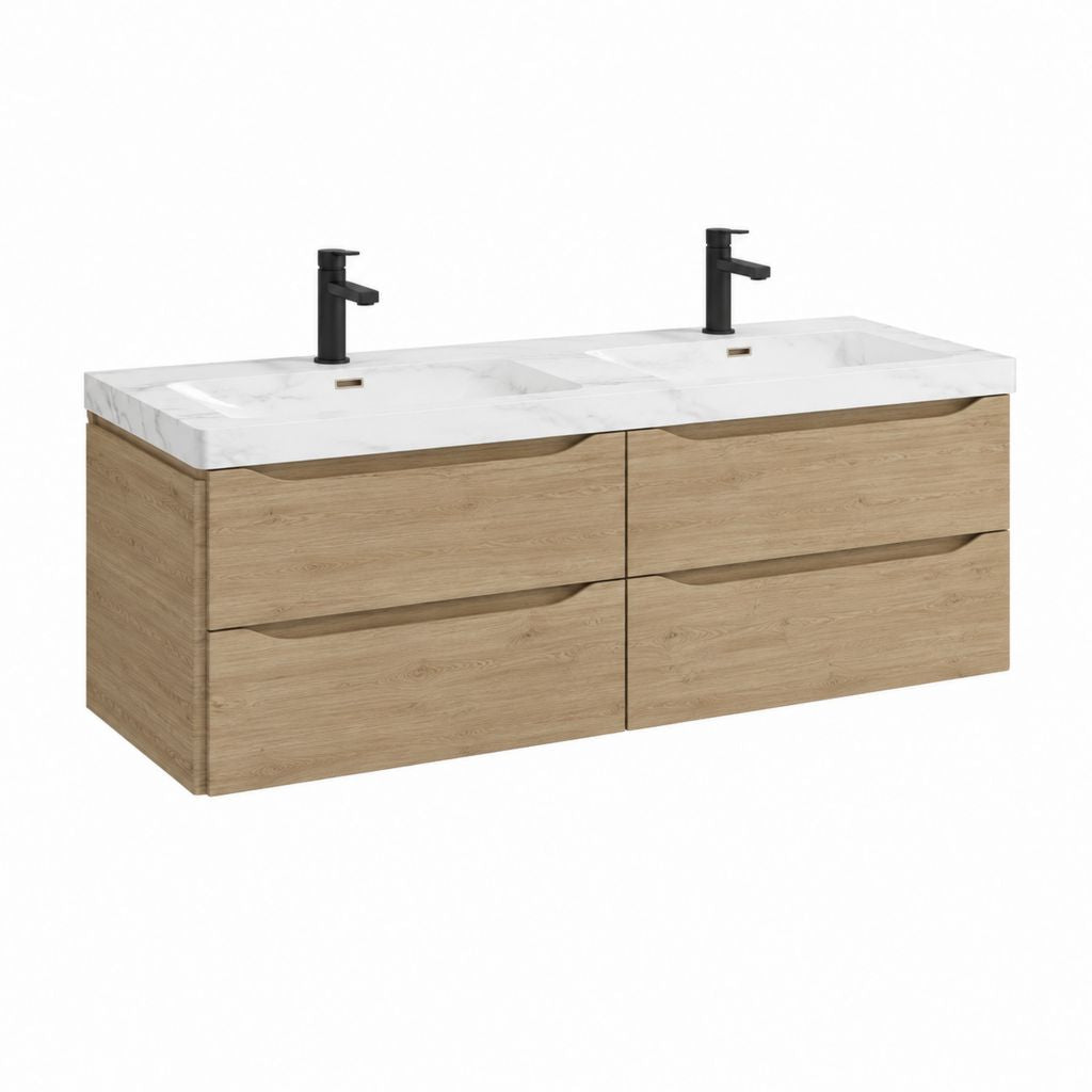 Doppelwaschtisch Set mit Waschtischunterschrank 4 Schubladen Eiche natur MDF Mineralguss Weiß rechteckig 120 x 46 x 55 cm