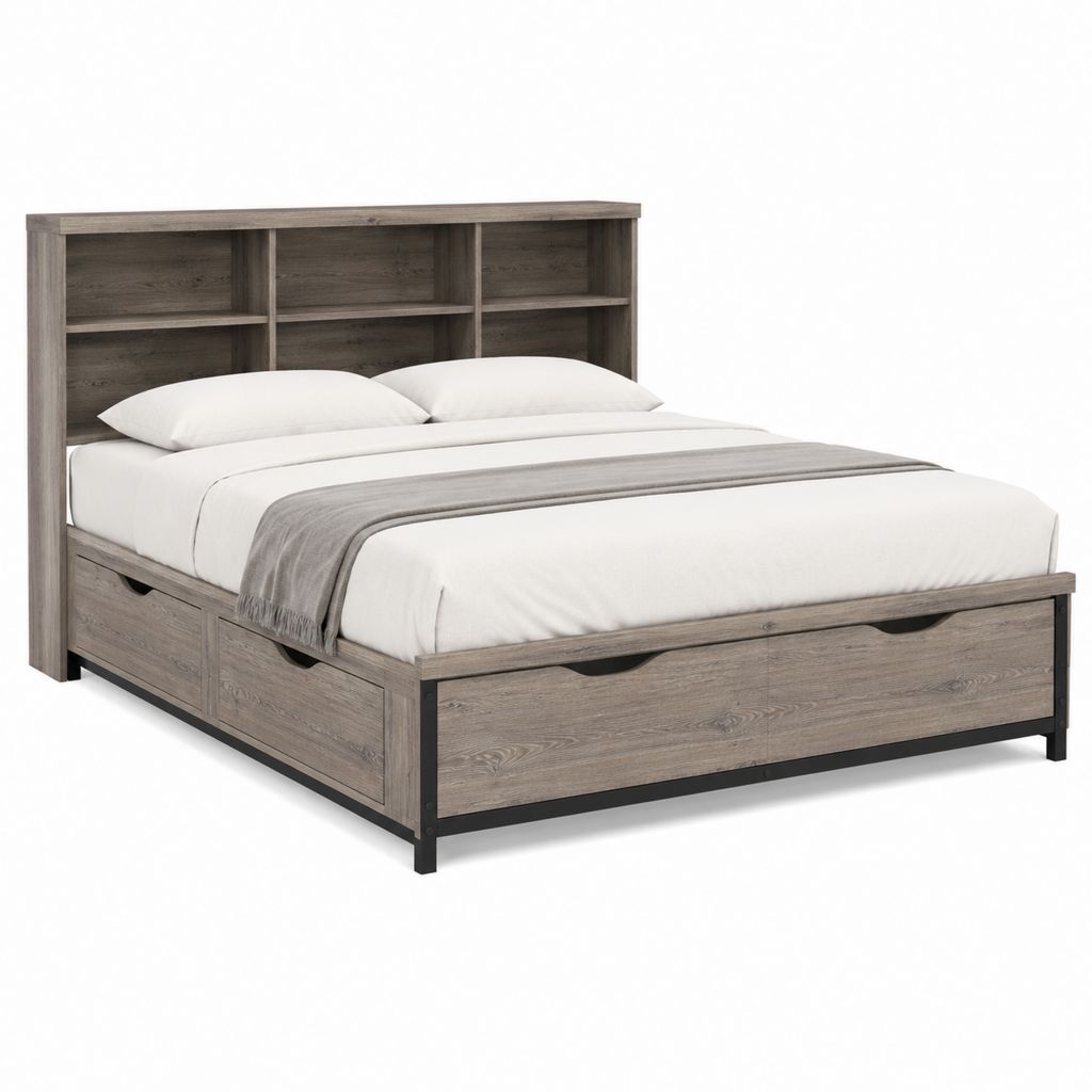 Stauraumbett Doppelbett in Grau Eichenoptik mit Regal-Kopfteil und Schubladen 160 x 200 cm