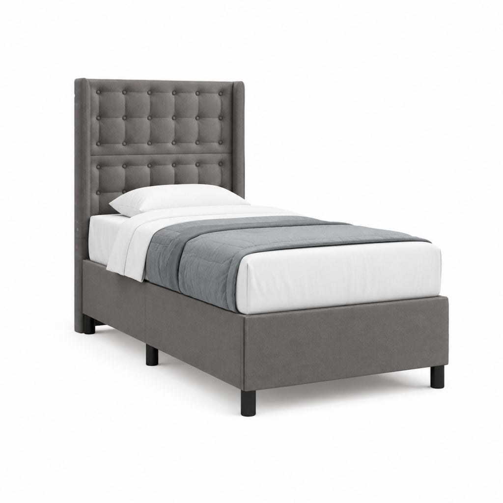 Polsterbett Einzelbett Grau Polyester Rechteckig mit Knopfheftung 90 x 200 cm
