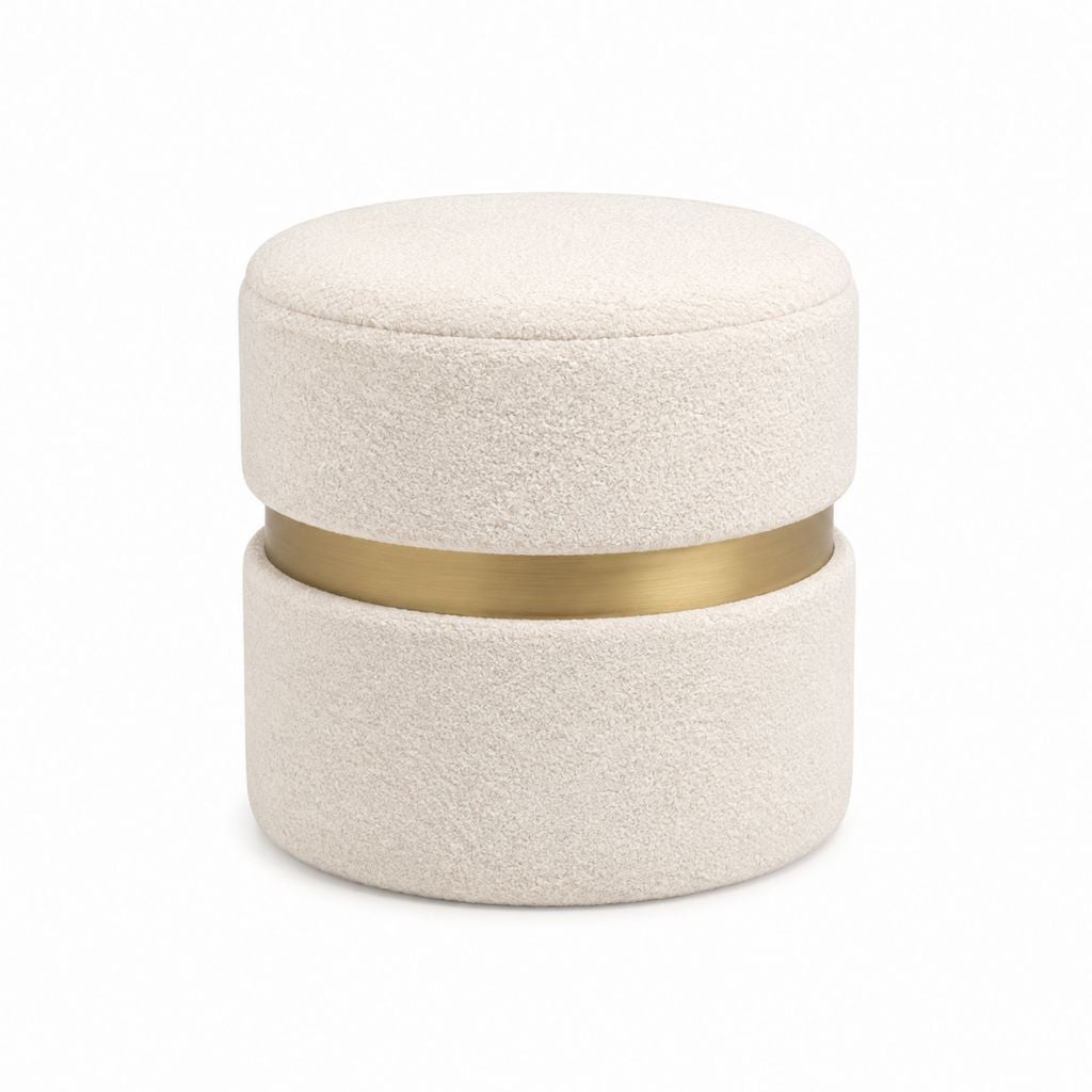 Runder Fußhocker Creme Bouclé-Polyester mit goldfarbenem Edelstahlring Ø 45 x H 43 cm