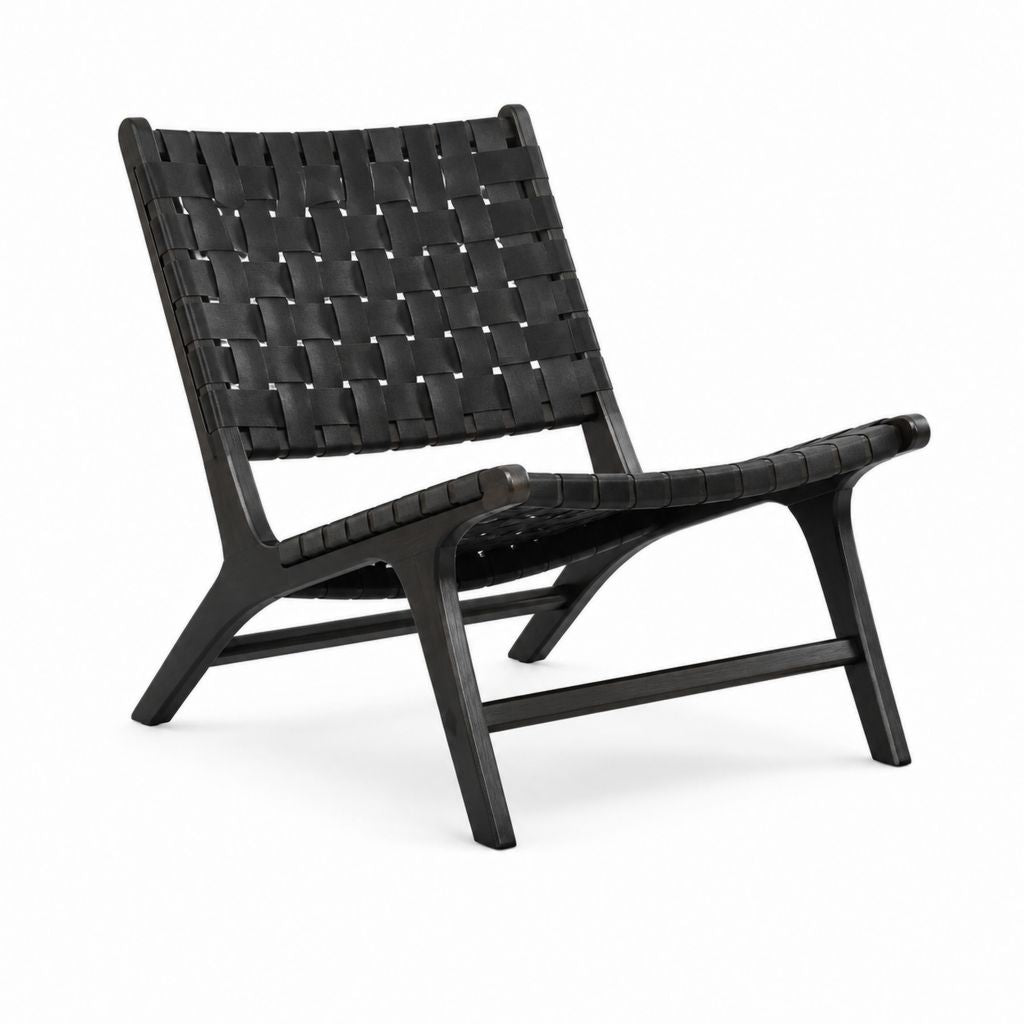 Loungesessel Schwarz aus Buchen-Massivholz mit PU-Gurtgeflecht 68 x 75 x 82 cm