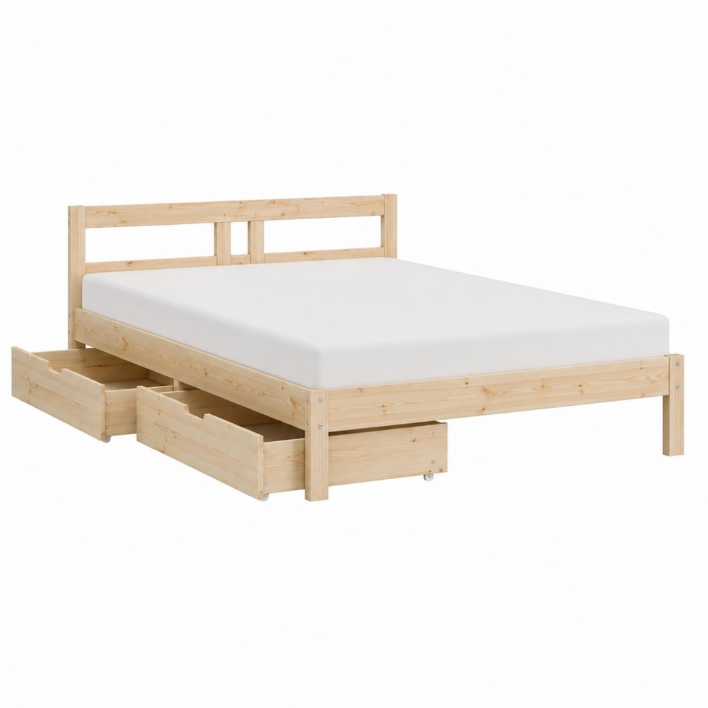 Bettgestell Doppelbett Natur Massivholz Kiefer Rechteckig 140 x 200 cm mit 3 Schubladen